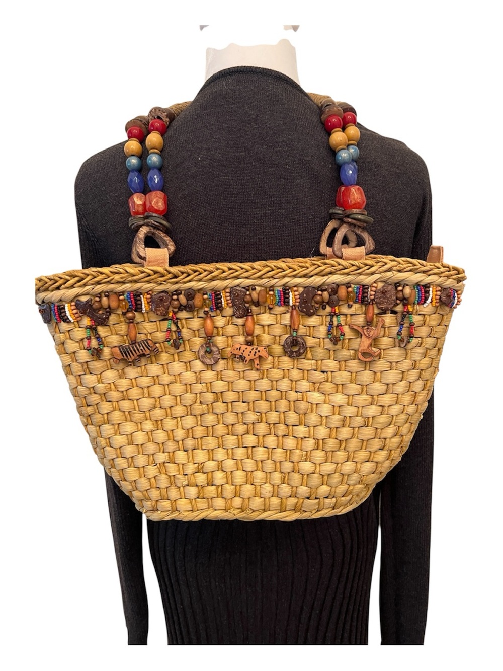 Cappelli Strawworld Bead & Wood Trim Tote Bag with Colorful Beaded Handle GUC
